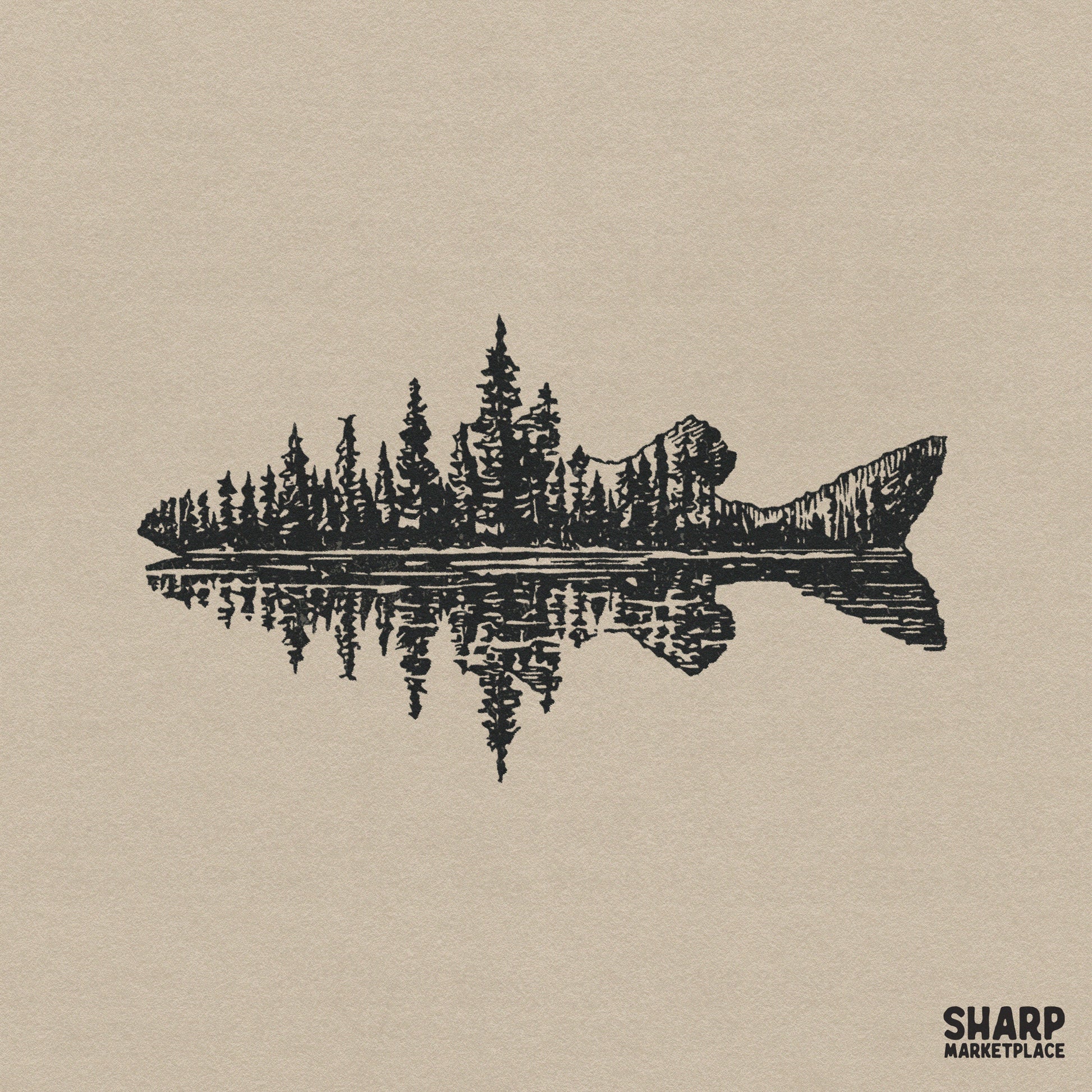 Black ink silhouette of a fish filled with a pine forest and mountain lake reflection, rustic woodcut style digital art for outdoor apparel.
