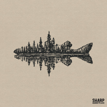 Black ink silhouette of a fish filled with a pine forest and mountain lake reflection, rustic woodcut style digital art for outdoor apparel.