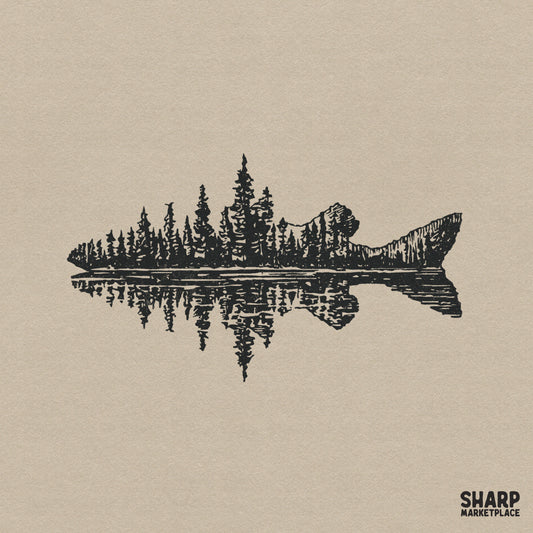 Black ink silhouette of a fish filled with a pine forest and mountain lake reflection, rustic woodcut style digital art for outdoor apparel.