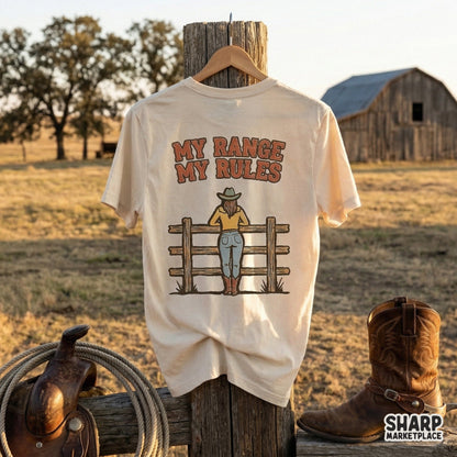 Digital western design showing a cowgirl from behind wearing a green hat and yellow shirt, perfect for custom apparel, stickers, or rustic wall art prints.