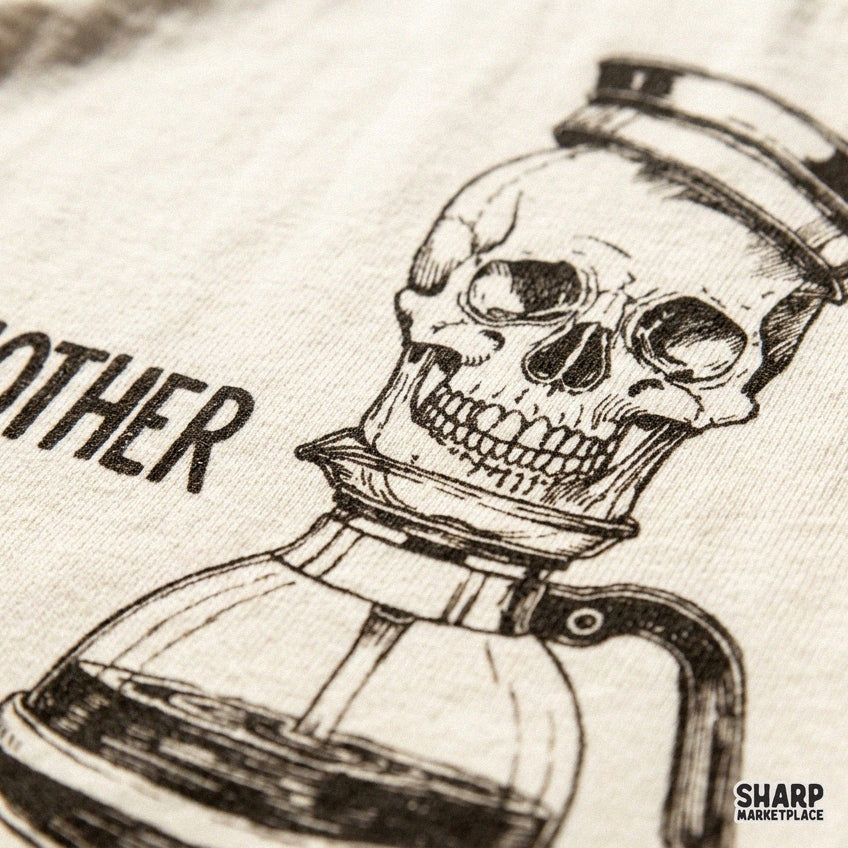 Funny retro skull coffee pot PNG graphic for sarcastic Halloween t-shirts and caffeine lovers
