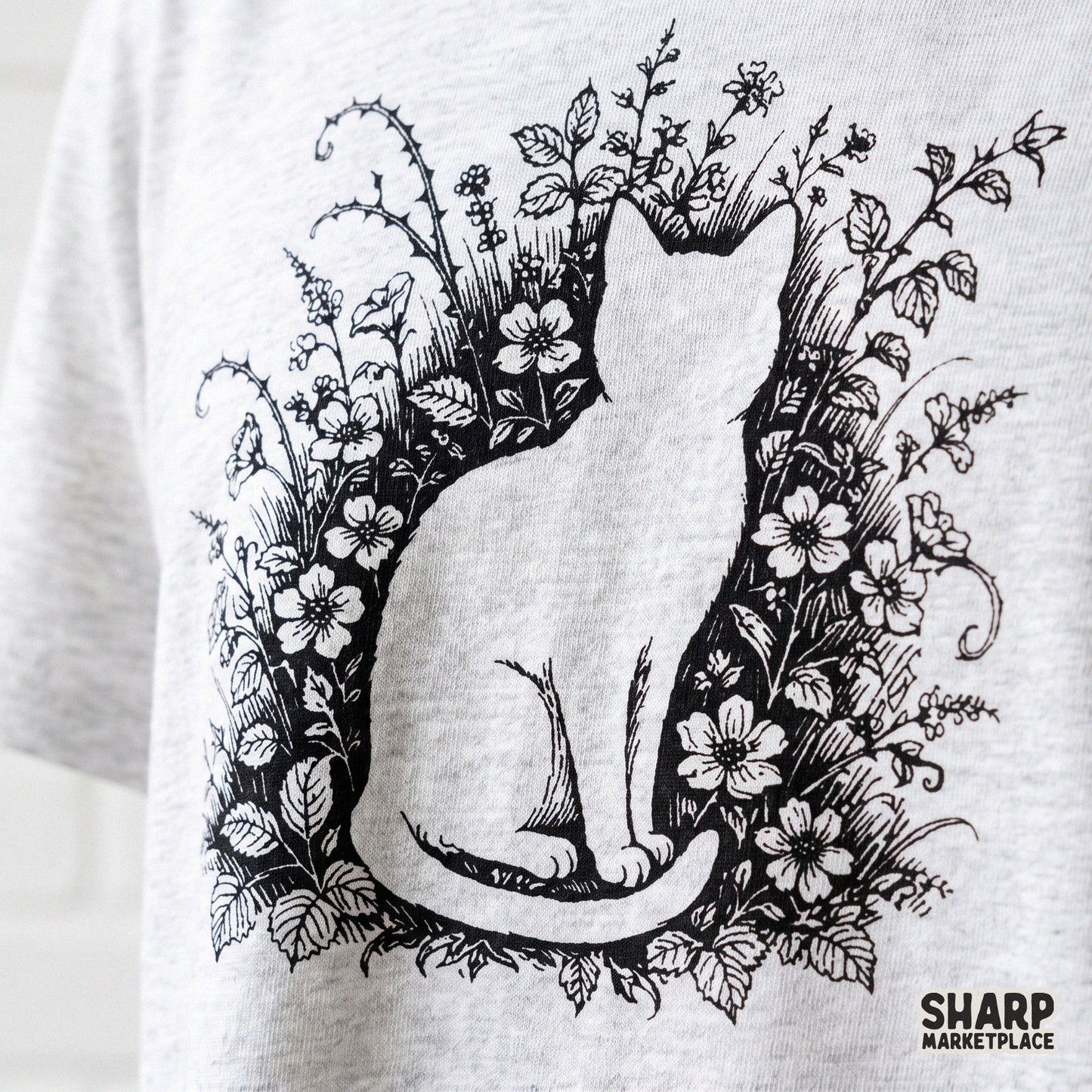Botanical wildflower cat silhouette sketch retro floral shirt graphic for animal lovers sublimation tee design