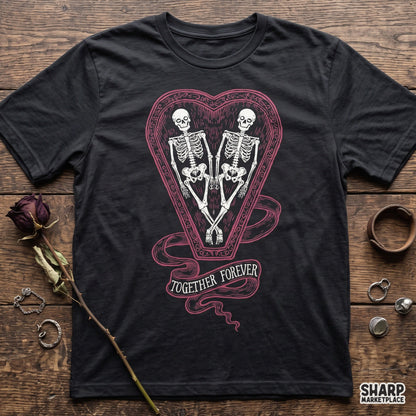 Gothic skeleton couple inside a heart coffin for spooky romance Valentine PNG designs