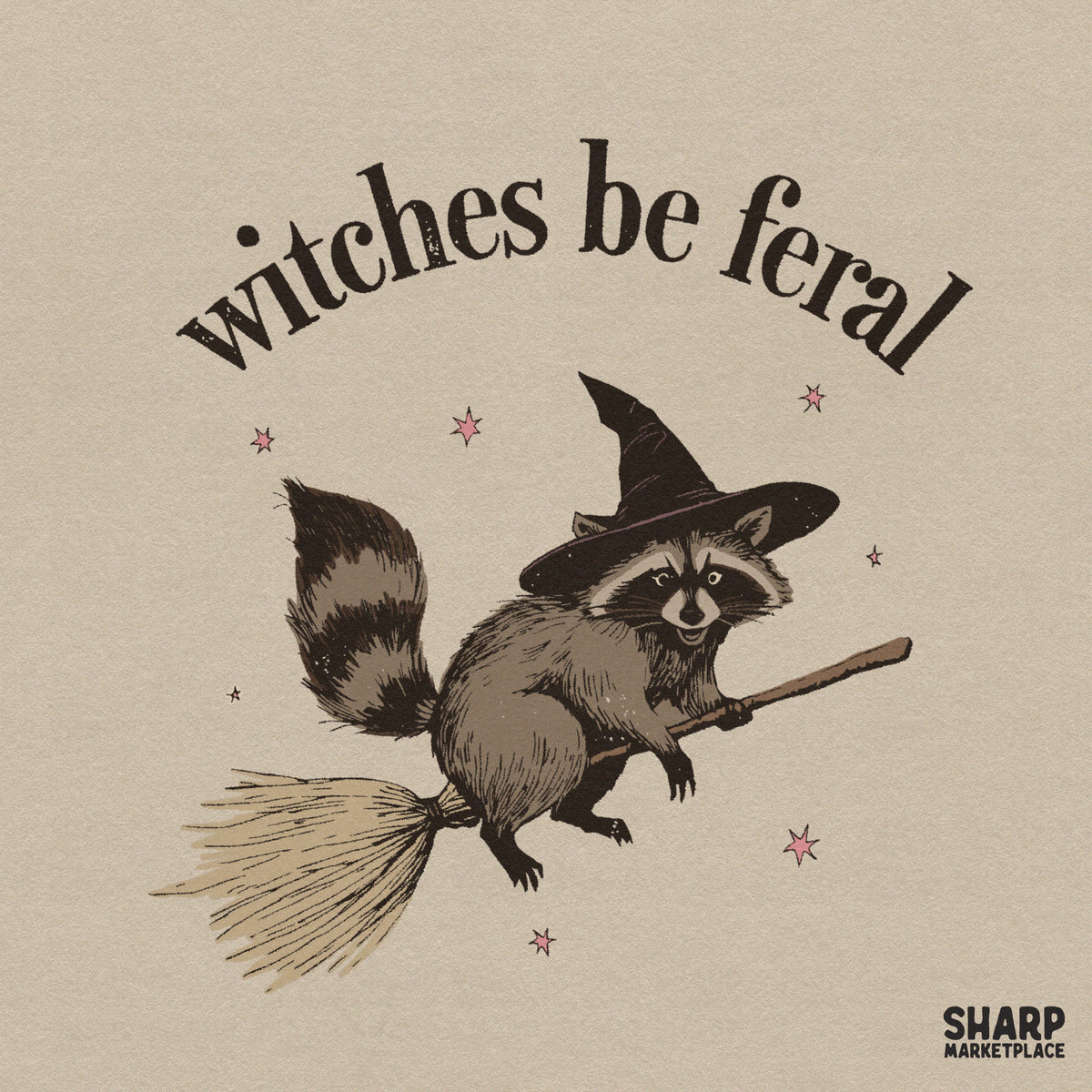 Cute retro funny raccoon witch on a broom digital graphic for Halloween spooky season shirt designs
