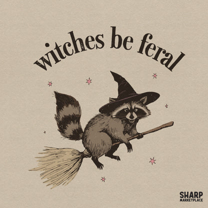 Cute retro funny raccoon witch on a broom digital graphic for Halloween spooky season shirt designs