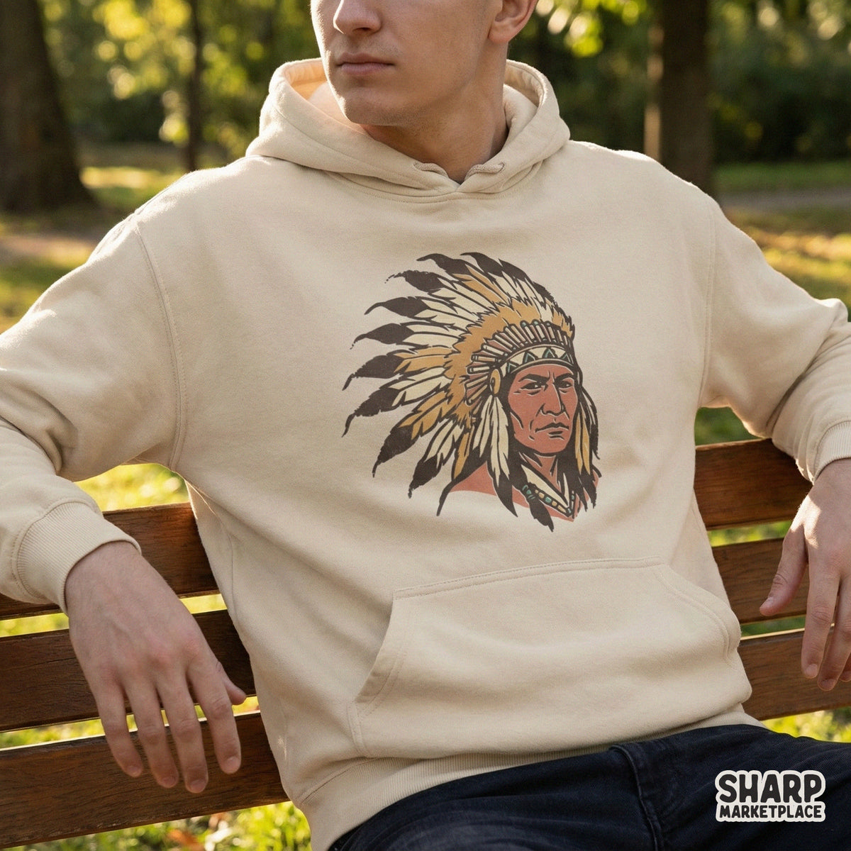 Detailed digital graphic of an indigenous leader in a traditional eagle feather headdress, perfect for sublimation, apparel, or rustic western wall art.