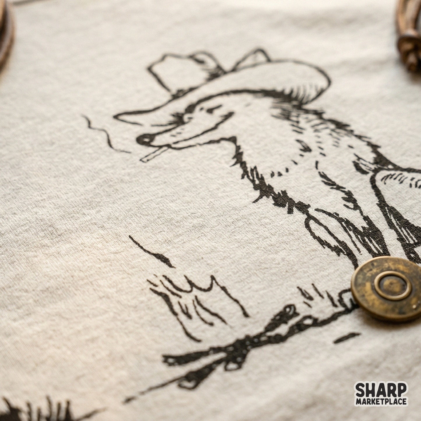 Close-up view of a rustic line art illustration featuring a cowboy fox by a campfire, ideal for custom t-shirts, vinyl stickers, and outdoor gear.