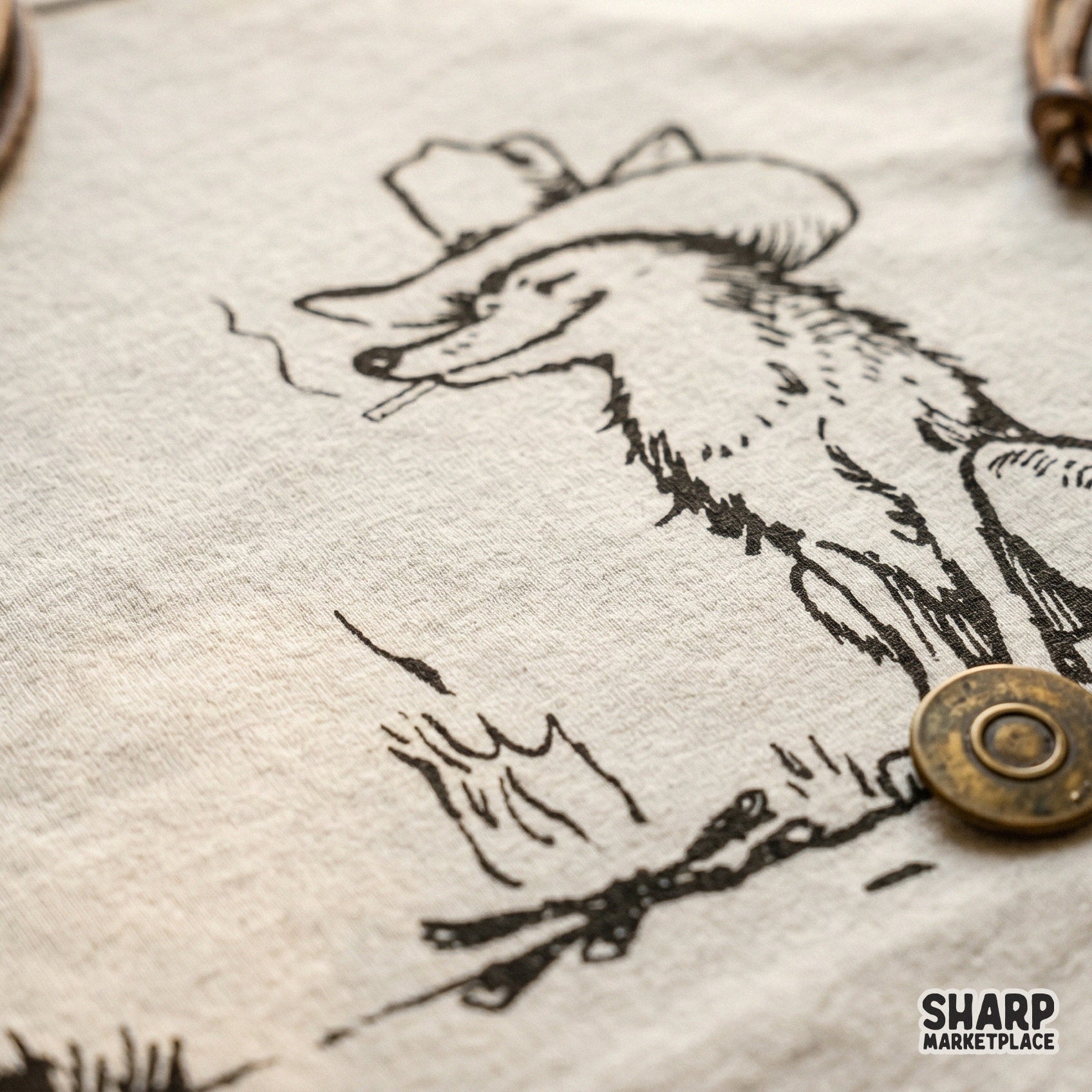 Close-up view of a rustic line art illustration featuring a cowboy fox by a campfire, ideal for custom t-shirts, vinyl stickers, and outdoor gear.