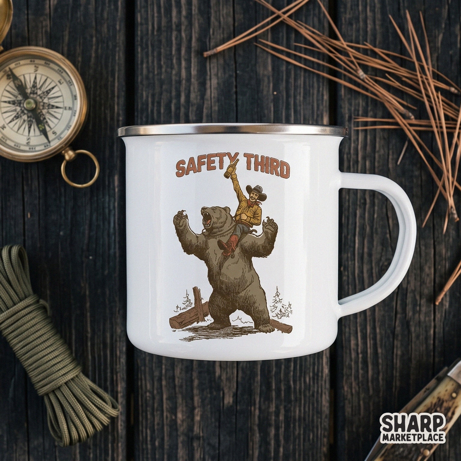 Funny cowboy riding a bear retro sublimation design with Safety Third text for western animal meme shirts and camping gear