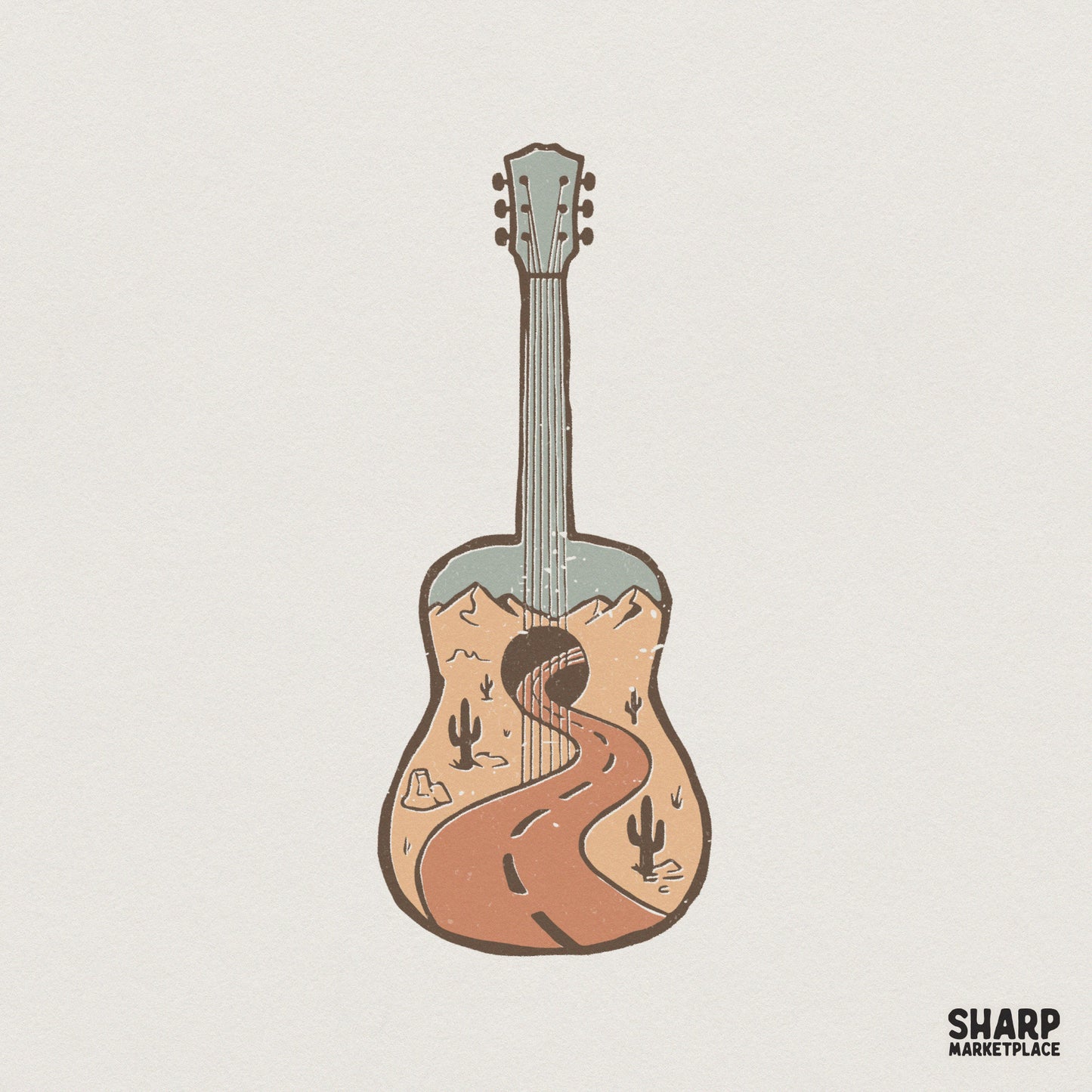 Desert Guitar PNG Design, Vintage Acoustic Road Trip Graphic - 300 DPI