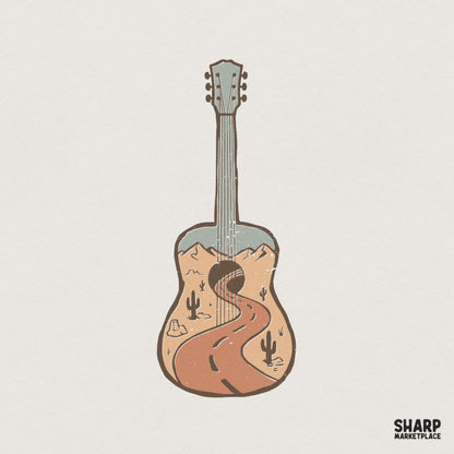 Desert Guitar PNG Design, Vintage Acoustic Road Trip Graphic - 300 DPI
