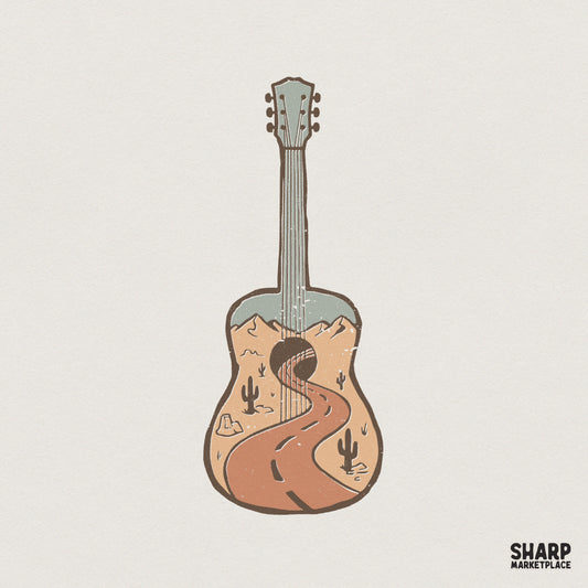 Desert Guitar PNG Design, Vintage Acoustic Road Trip Graphic - 300 DPI