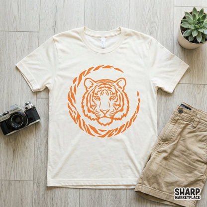 Detailed monochromatic orange tiger head graphic with a stylized circular border, suitable for DIY sublimation projects and printable craft items.