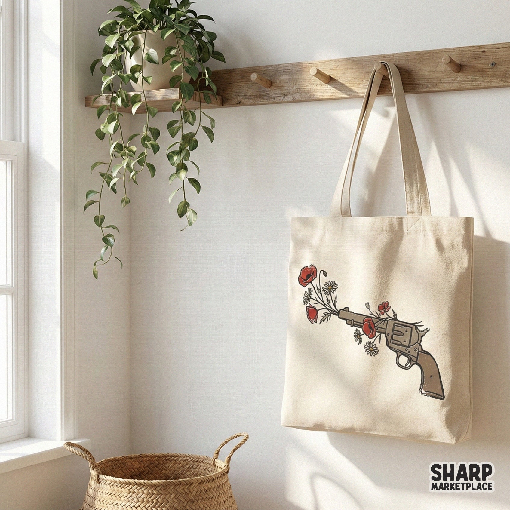 Boho Western Floral Gun PNG, Wildflower Pistol Design - 300 DPI Design