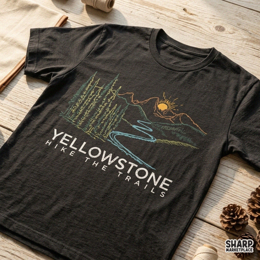 Vintage Yellowstone mountain river and pine trees hike design for camping t-shirts and retro outdoor apparel digital PNG