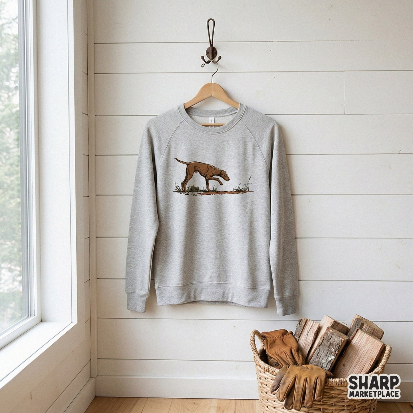 Rustic brown bird dog illustration in a focused field stalk pose, ideal for printing on t-shirts, leather patch hats, or cabin-themed wall art decor.
