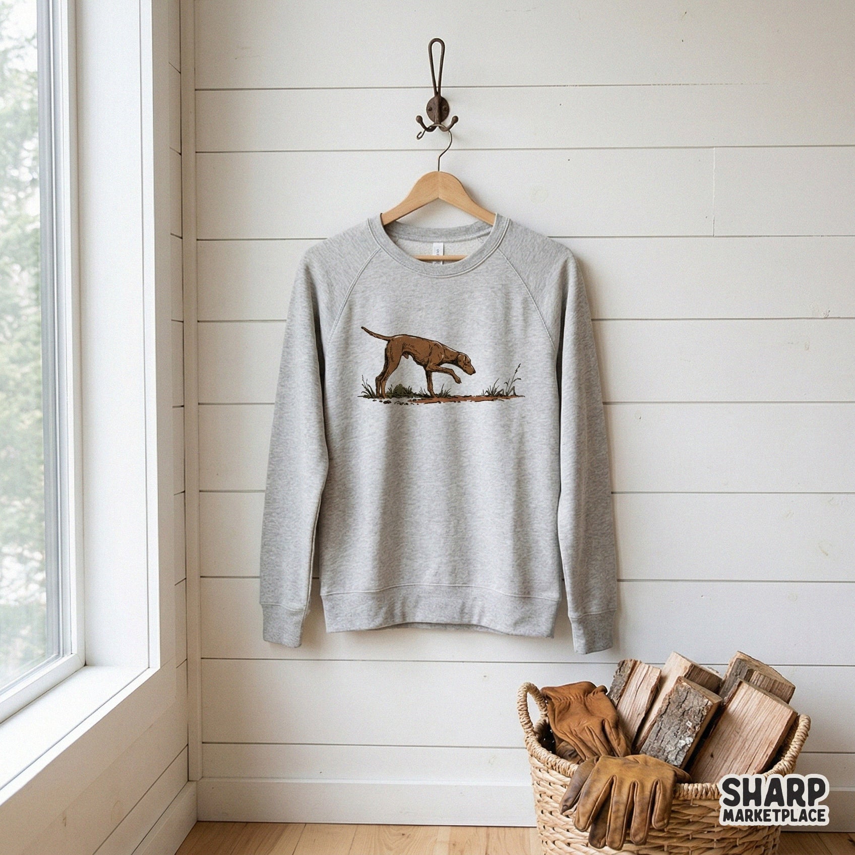 Rustic brown bird dog illustration in a focused field stalk pose, ideal for printing on t-shirts, leather patch hats, or cabin-themed wall art decor.