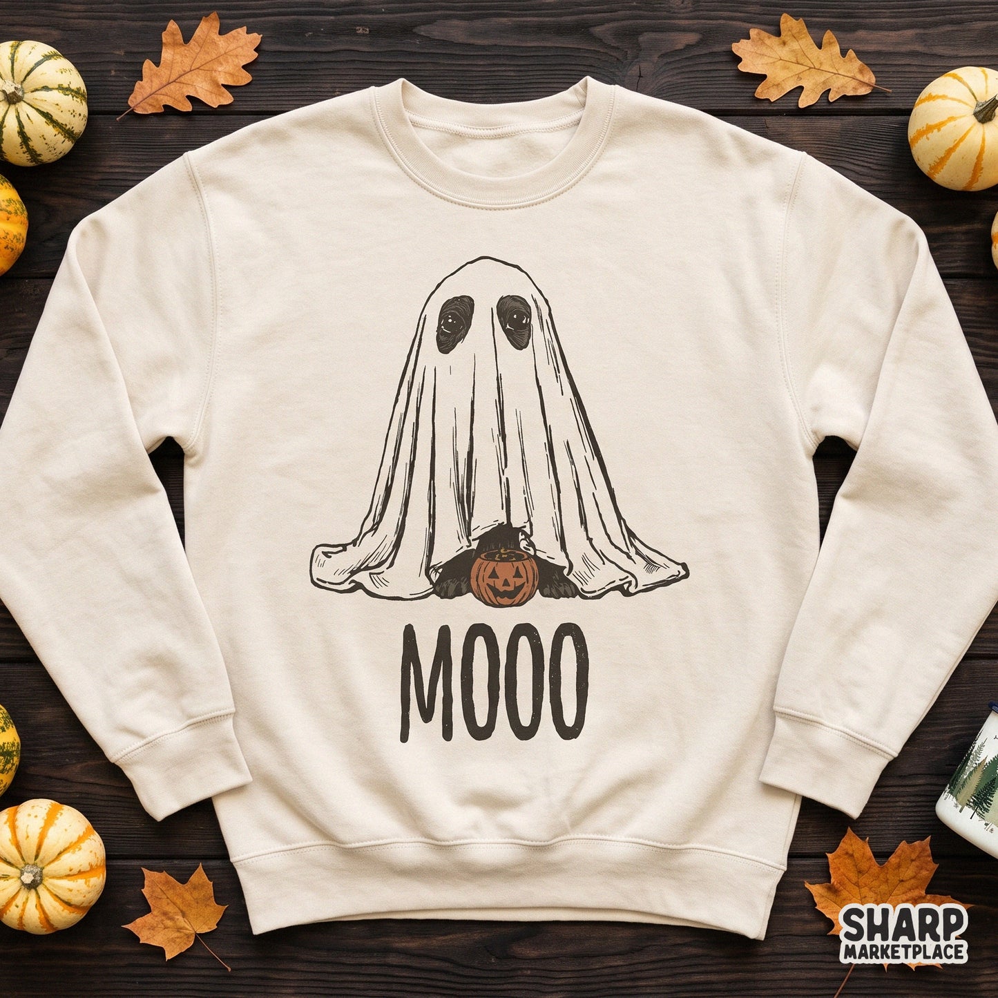 Cute retro cow wearing a spooky ghost costume and holding a pumpkin bucket halloween png for sublimation shirt designs