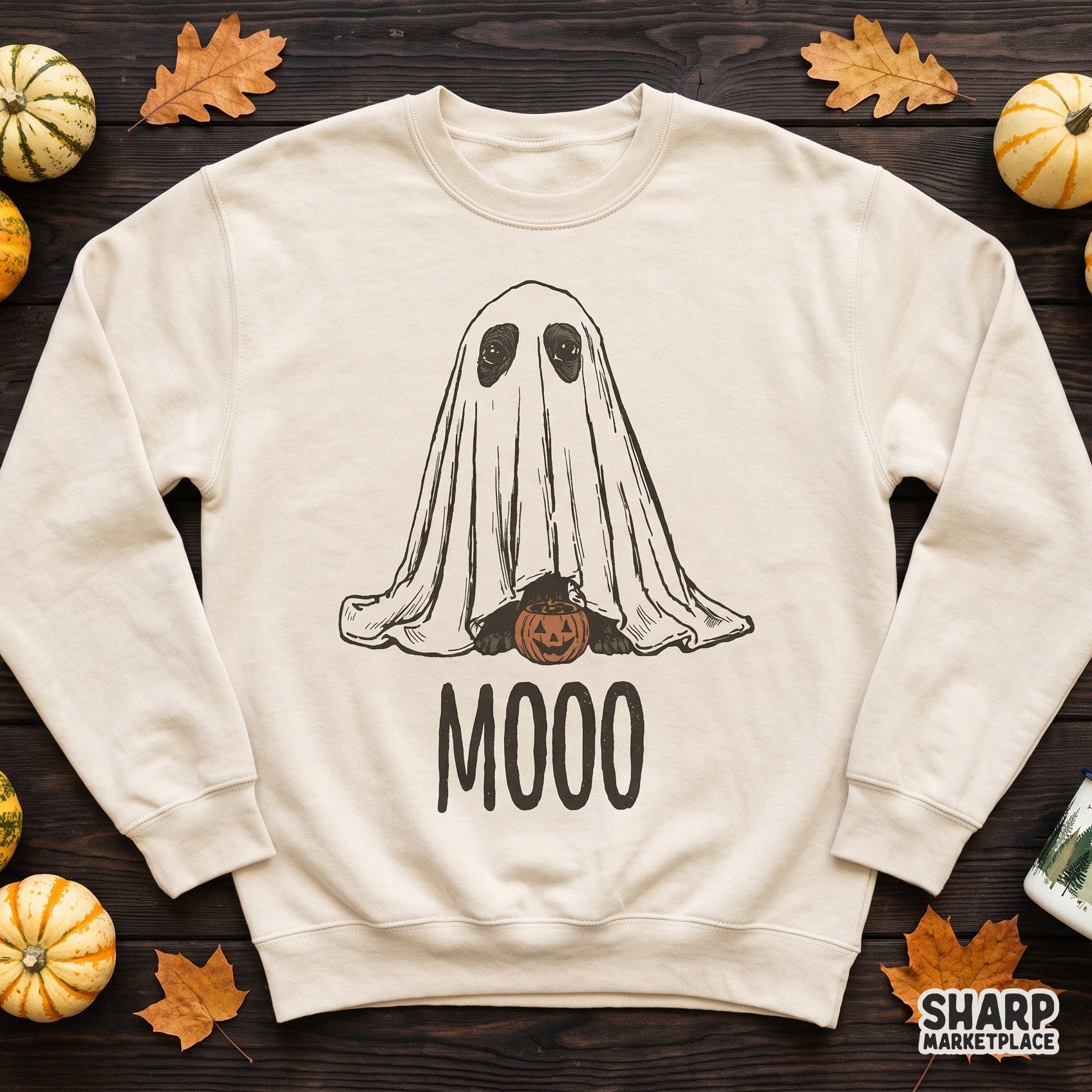 Cute retro cow wearing a spooky ghost costume and holding a pumpkin bucket halloween png for sublimation shirt designs