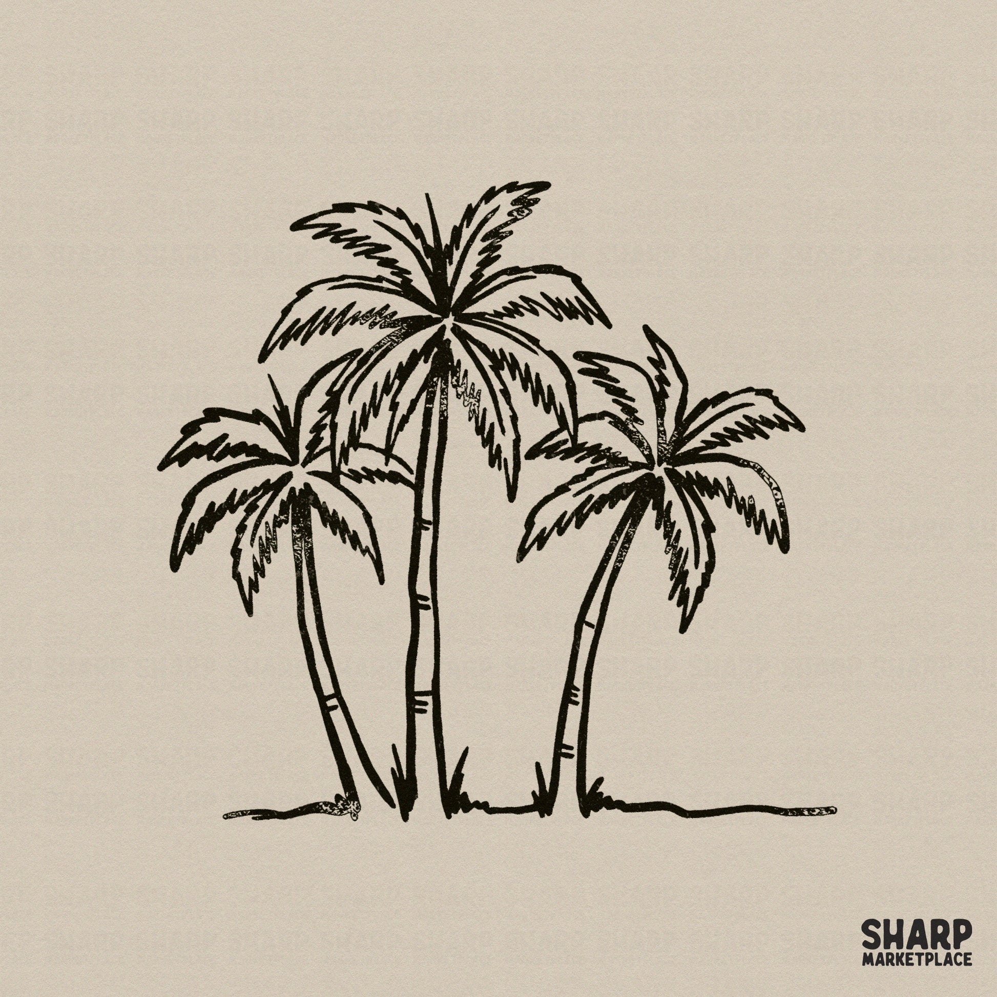 Hand-drawn black ink sketch of three palm trees on a shoreline, isolated as a transparent PNG for summer apparel and sublimation projects.