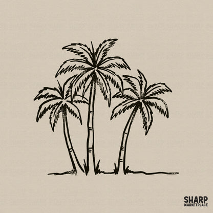 Hand-drawn black ink sketch of three palm trees on a shoreline, isolated as a transparent PNG for summer apparel and sublimation projects.