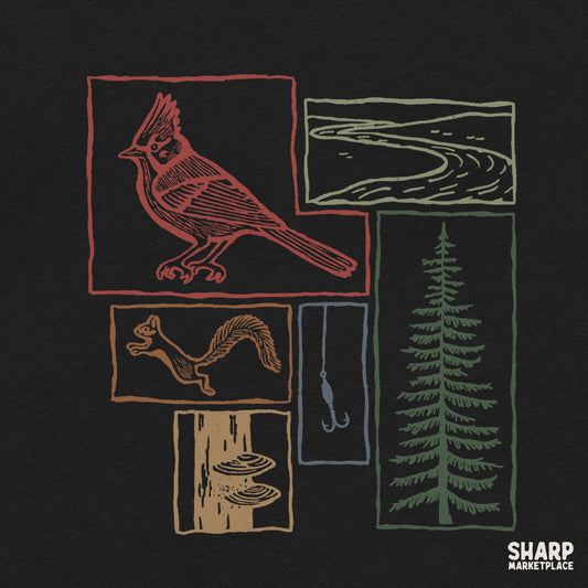 Vintage woodland animals nature collage design for retro camping shirts and outdoor forest wildlife apparel