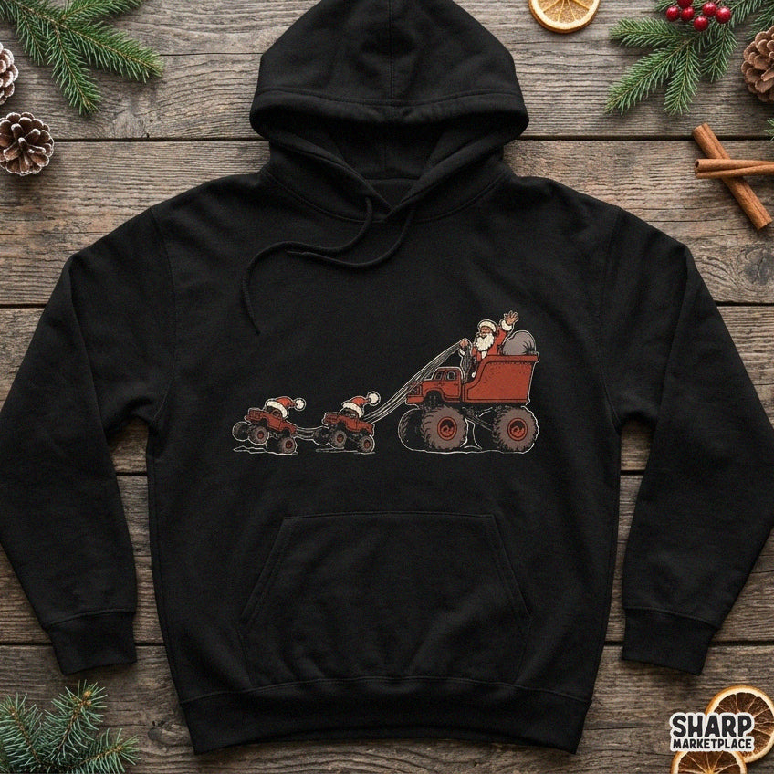 Santa driving a red monster truck sleigh graphic for Christmas PNG sublimation on kids holiday t-shirts