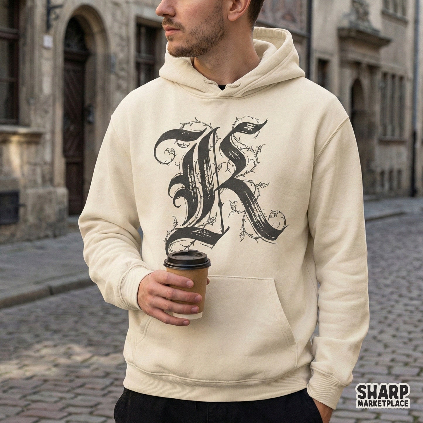 K Gothic Letter Floral Monogram, Vintage Ornate Initial Art - 300 DPI