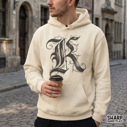 K Gothic Letter Floral Monogram, Vintage Ornate Initial Art - 300 DPI