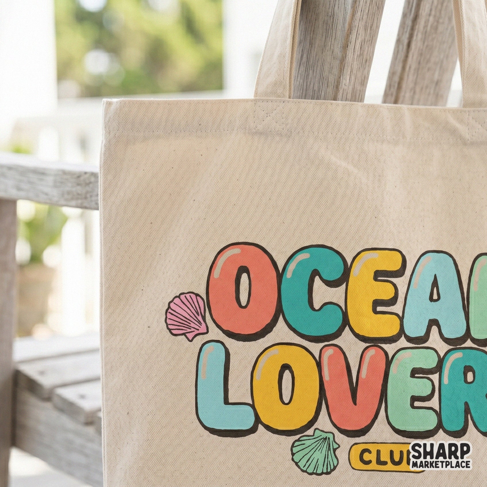 Colorful retro-style Ocean Lovers Club graphic with shell details, suitable for sublimation transfers on tumblers, apparel, and DIY vacation gifts.