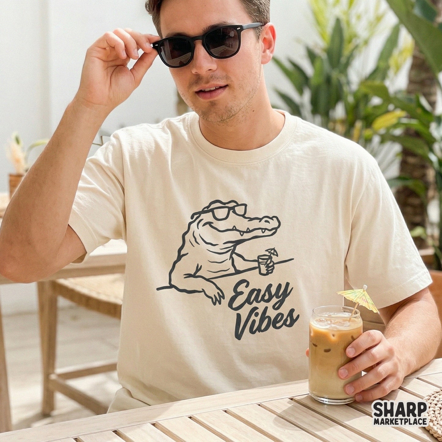 Funny reptile sublimation file with Easy Vibes typography, ideal for creating custom beach-themed apparel, tumblers, and trendy summer merchandise.