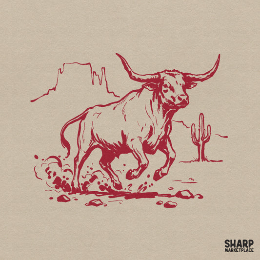 Maroon sketch of a charging longhorn bull in a desert landscape with a cactus and mesa, isolated on a neutral background for digital printing.
