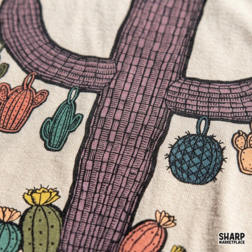 Retro purple desert cactus illustration in a vintage boho western aesthetic for t-shirt sublimation designs