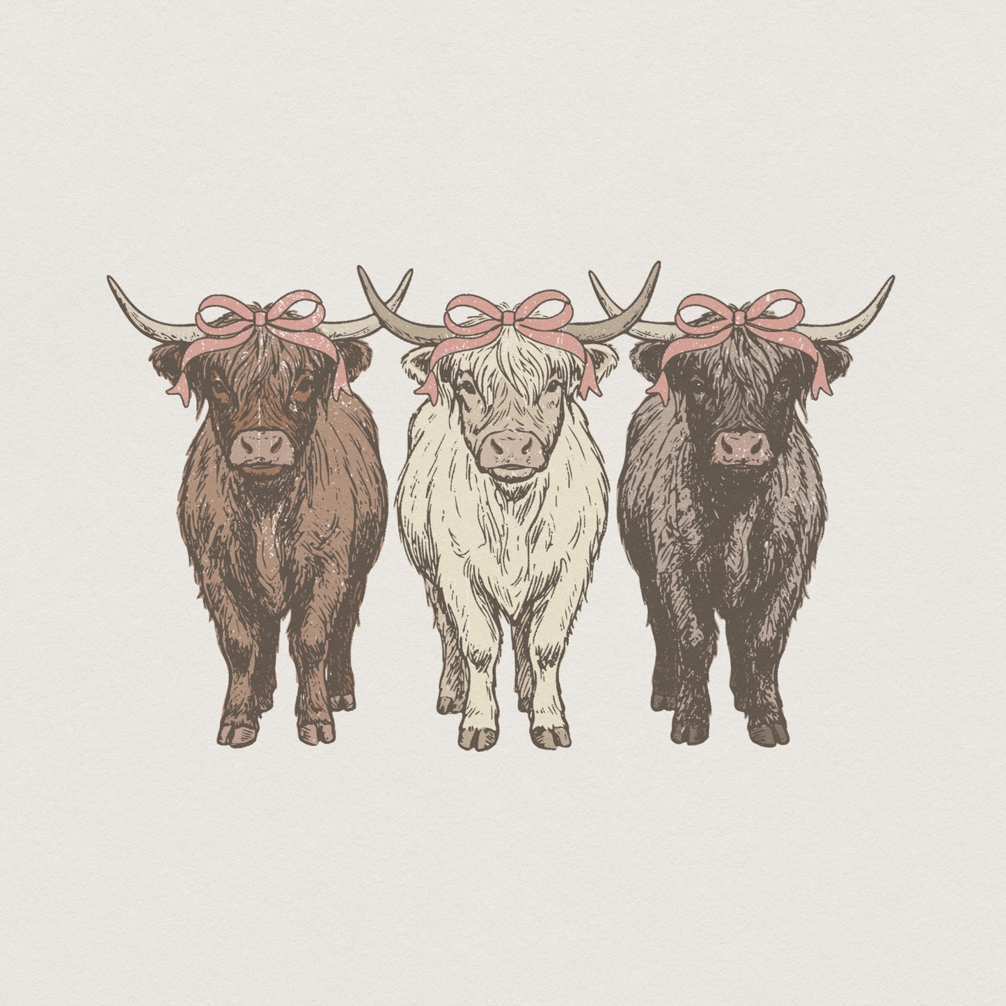 Highland Cow PNG Trio With Bows, Cute Farm Animal Design - 300 DPI Design