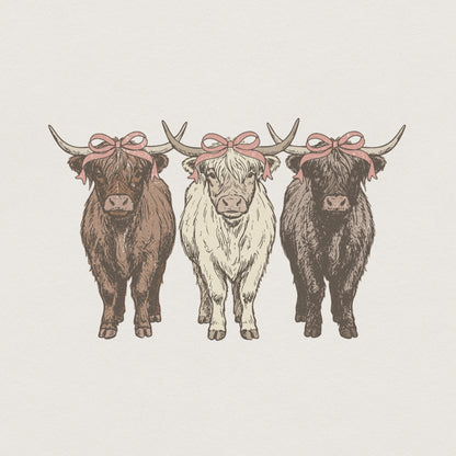 Highland Cow PNG Trio With Bows, Cute Farm Animal Design - 300 DPI Design