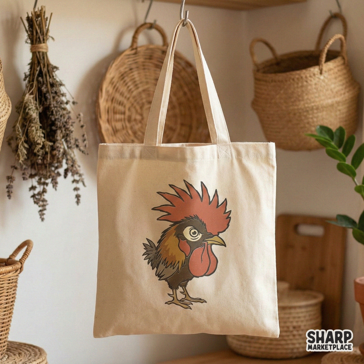 Detailed hand-drawn rooster design featuring earthy tones and a retro textured finish, ideal for DIY stickers, tumblers, and rustic home decor.