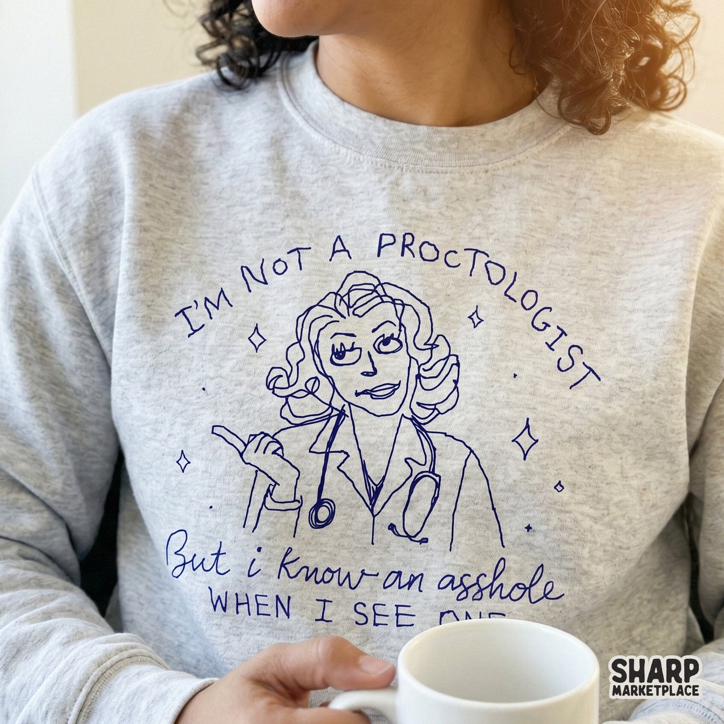Minimalist blue ink medical design featuring a doctor character and sassy quote, ideal for DIY projects like coffee mugs, tumblers, and personalized apparel.