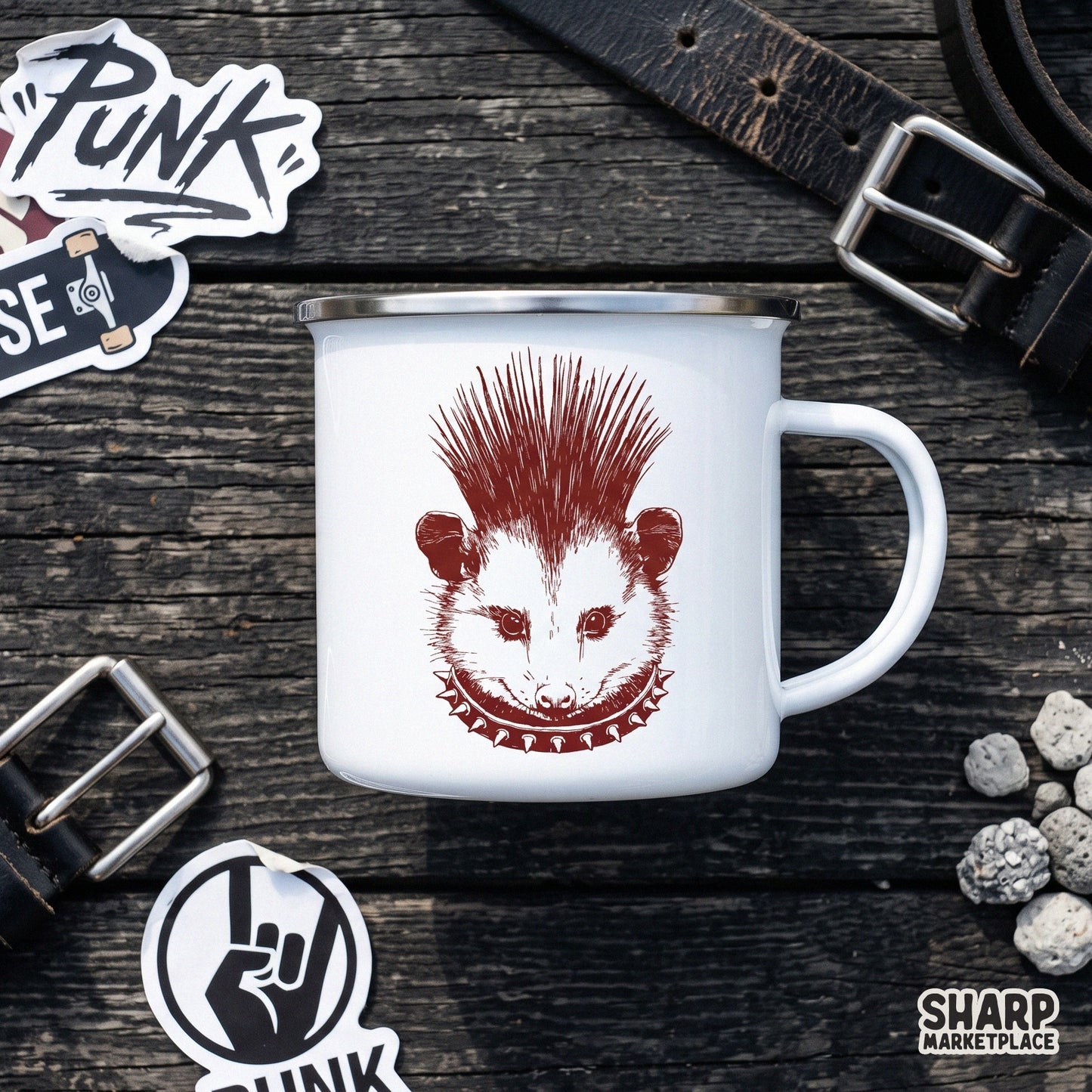Punk rock opossum head with a spiked mohawk and collar, weirdcore animal meme png for streetwear shirt designs