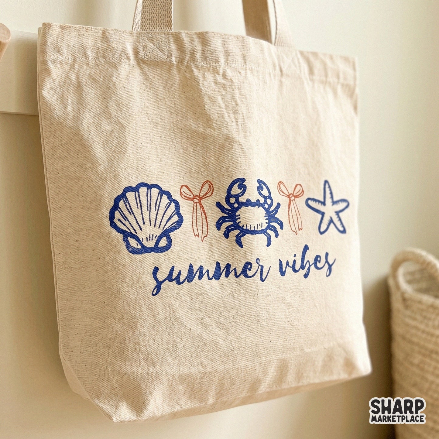 Trendy summer vibes sublimation graphic with hand-drawn sea life and coquette-style orange bows, ideal for custom apparel and beach-themed DIY projects.