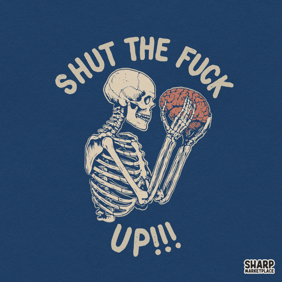 Sarcastic skeleton holding a brain PNG graphic for edgy t-shirts and sublimation with dark humor skull meme design