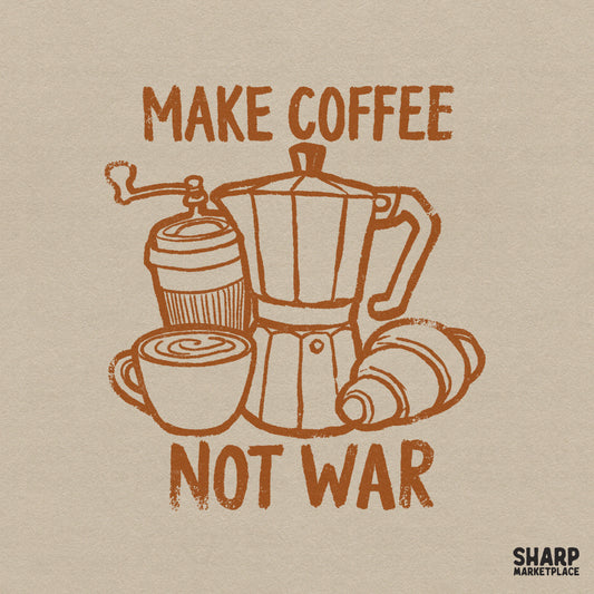 Retro coffee-themed digital design featuring a moka pot, latte, grinder, and croissant with the text Make Coffee Not War in terracotta brown.