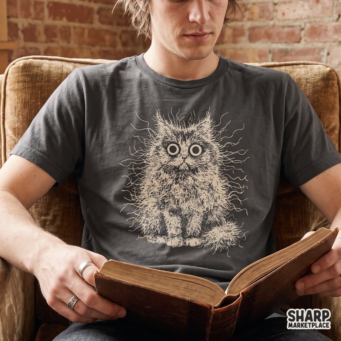 Unhinged frizzy fluffy cat with crazy wide eyes trendy retro animal meme png sublimation design for t-shirts