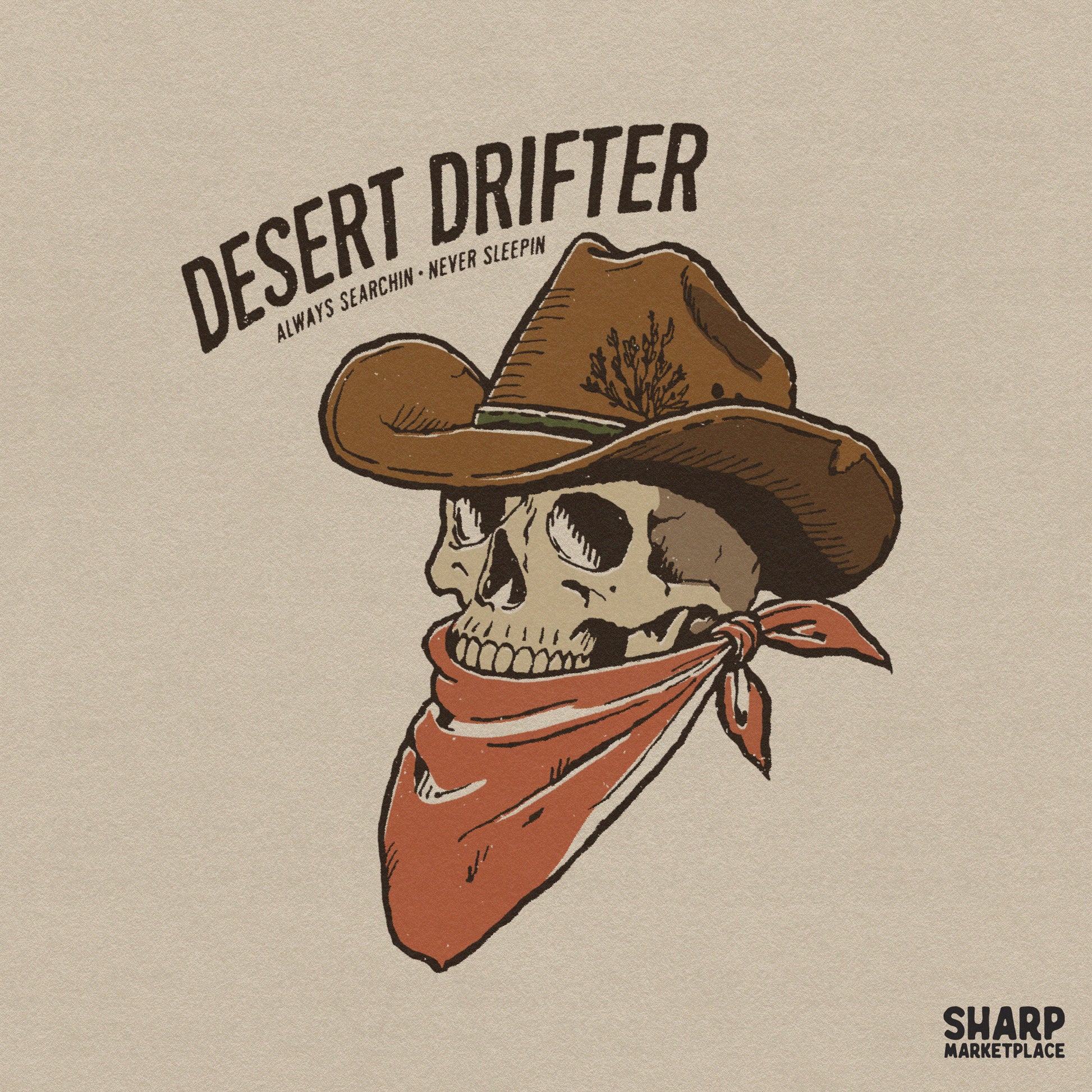 Western cowboy skull graphic PNG with retro desert drifter and country music art for trendy Halloween sublimation shirts