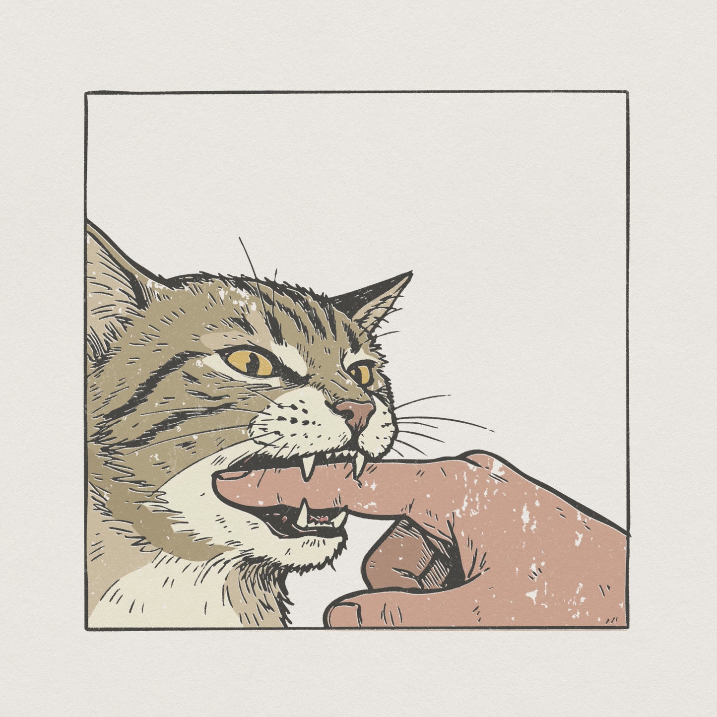 Detailed hand-drawn illustration of a feisty tabby cat biting a human finger, featuring vintage comic book style, muted brown tones, and sharp fangs.