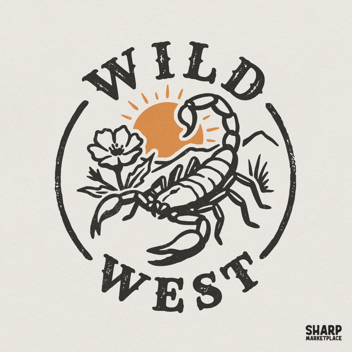 Vintage Wild West digital design featuring a scorpion, desert flower, and sun inside a circular frame with distressed serif typography for apparel.