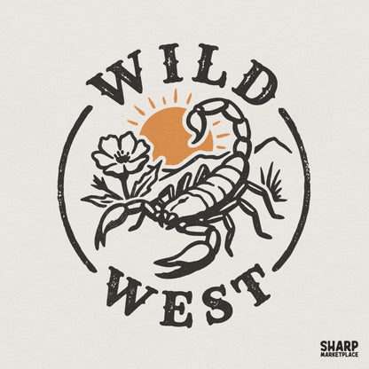 Vintage Wild West digital design featuring a scorpion, desert flower, and sun inside a circular frame with distressed serif typography for apparel.