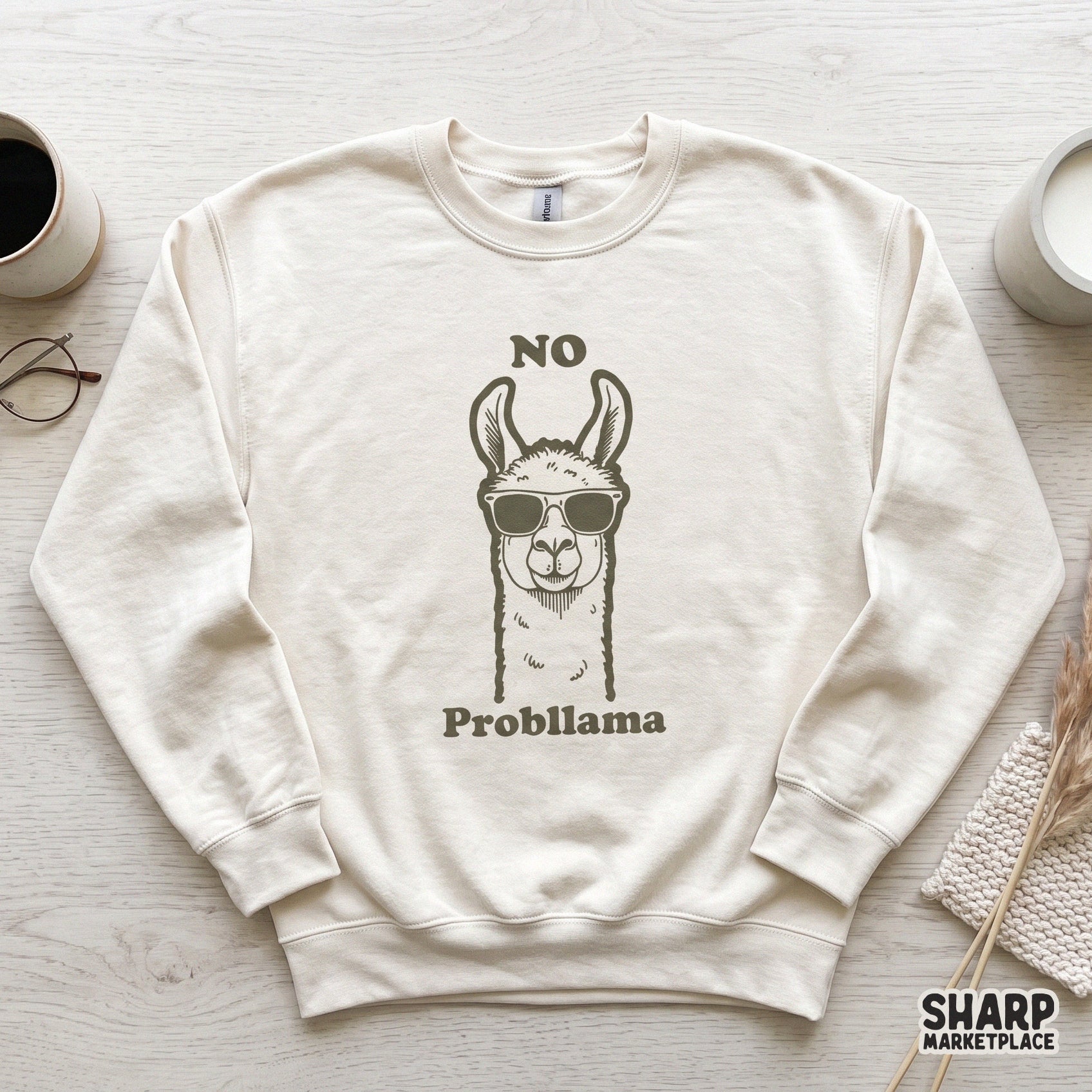 Retro llama wearing sunglasses with a No Probllama sarcastic quote for funny animal meme shirt sublimation designs