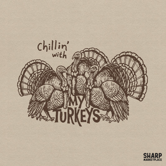 Retro Chillin' With My Turkeys PNG design featuring funny thanksgiving group shirt graphics for fall apparel and sublimation