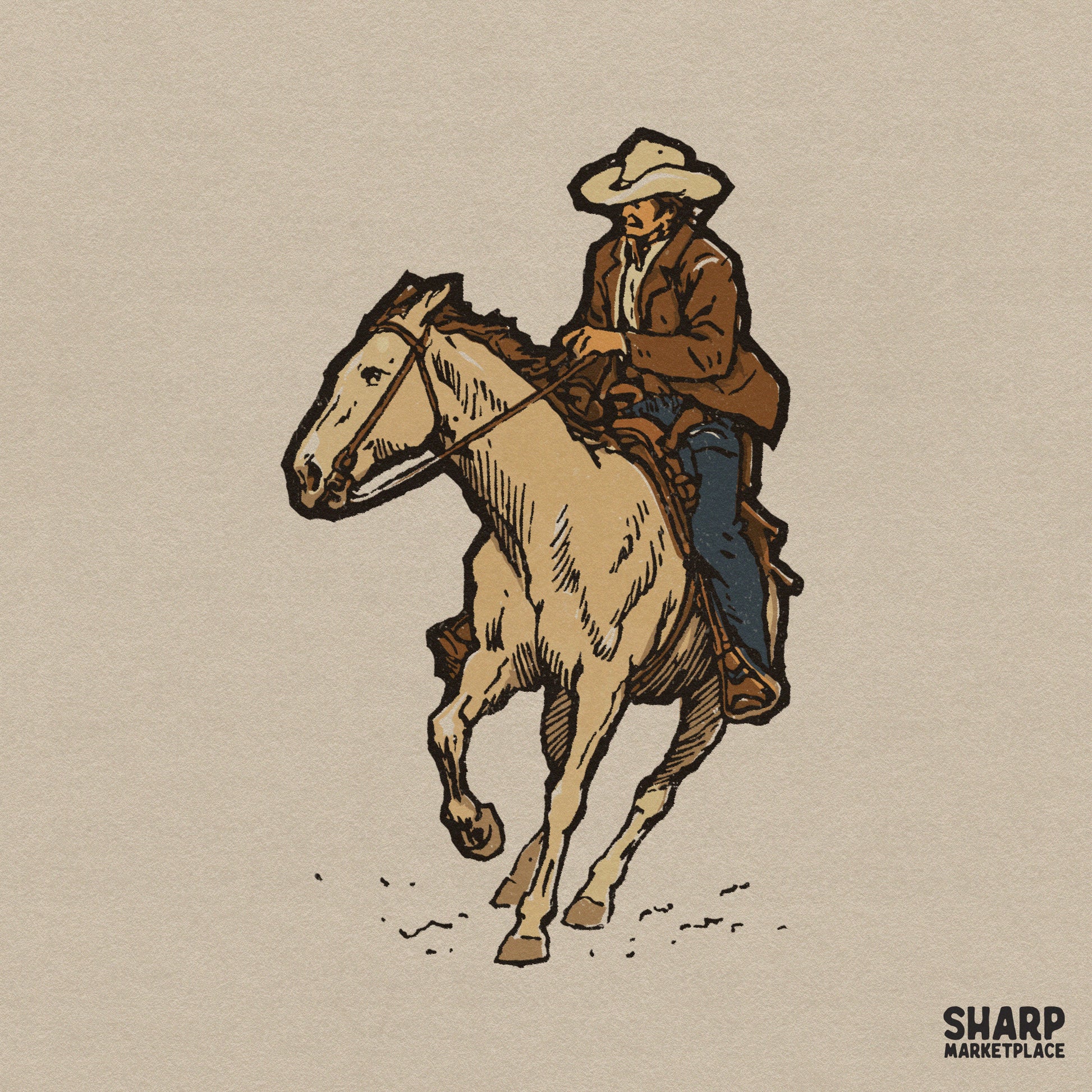 Vintage illustration of a cowboy riding a cream-colored horse, featuring detailed line work and earthy tones for western apparel and sublimation.
