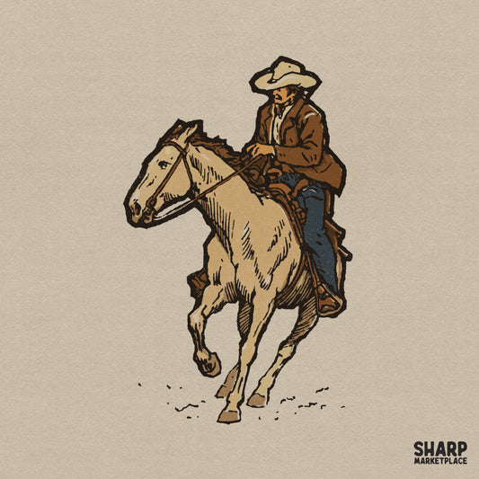 Vintage illustration of a cowboy riding a cream-colored horse, featuring detailed line work and earthy tones for western apparel and sublimation.